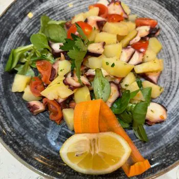 Warm octopus salad with potatos